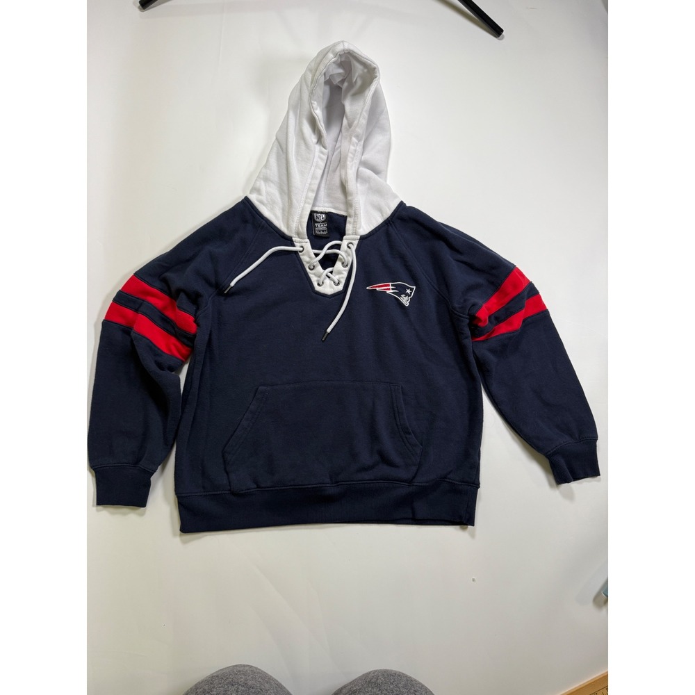 NFL Team Apparel Patriots Hoodie Womens L Navy Blue Lace Up Raglan